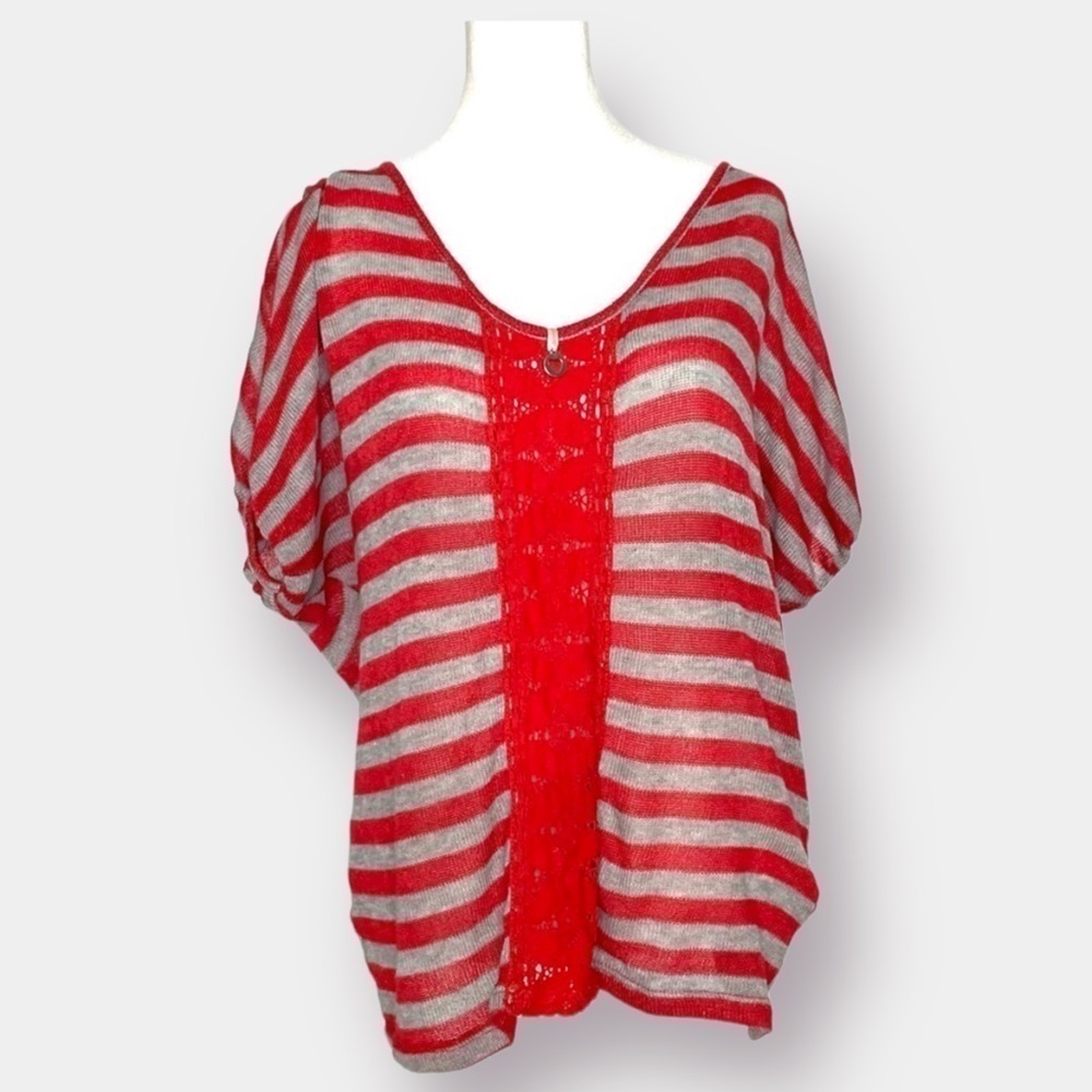 Sweater Thin Gray Red Off the Should Sweater